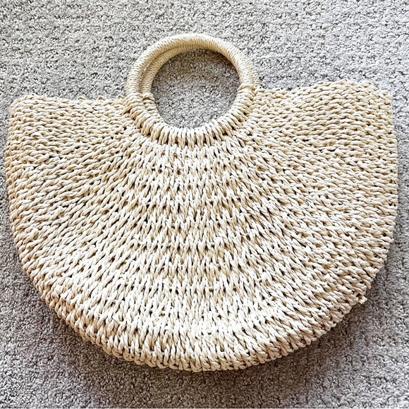 Lulu Dharma Half Moon Straw Tote Bag Natural Top Handle Beach Casual Fabric Line - Picture 1 of 9